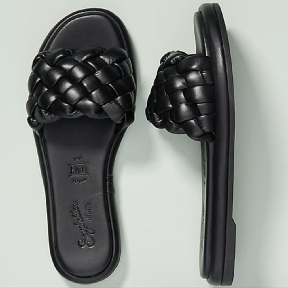 Anthropologie Seychelles Belissima Woven Leather Slide Sandals Black 8.5 NWT